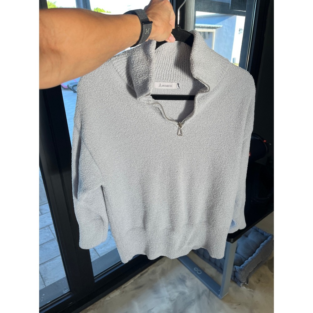 Anrabess Light Blue Fuzzy Popcorn Knit Quarter Zip Pullover Sweater Cozy Boho S